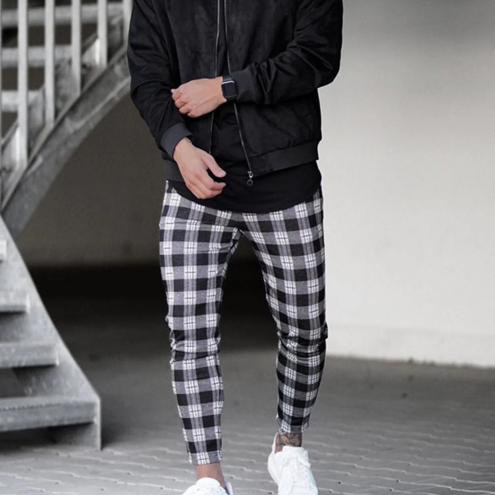 Men’s Plaid Check Slim Fit Pants XL Black White Streetwear Tapered AHA Selected